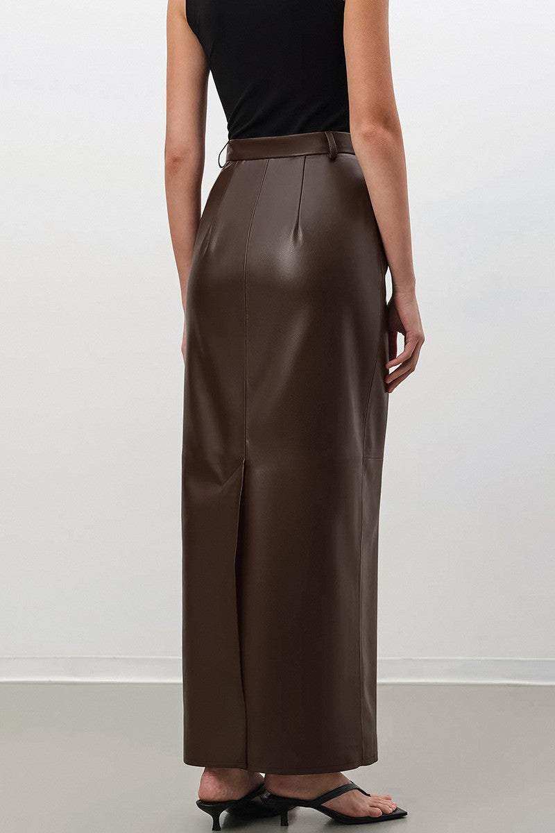 Pu Leather Midi Waist Brown Maxi Skirt