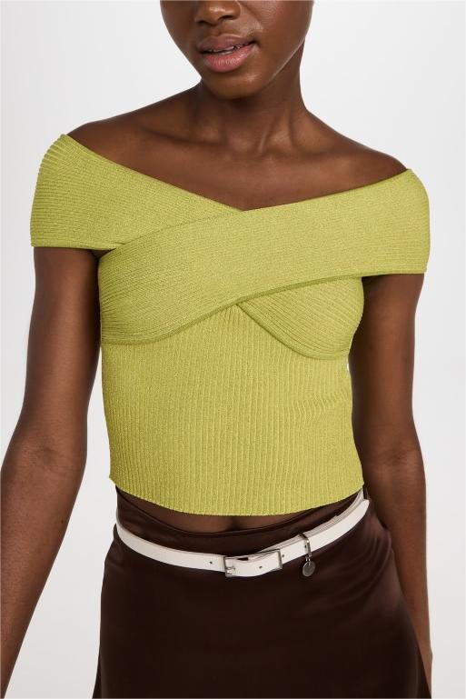 Knit Off-Shoulder Slim Top Green