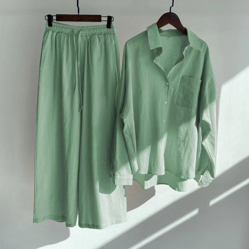 women's cotton linen shirt suit high waist loose trousers