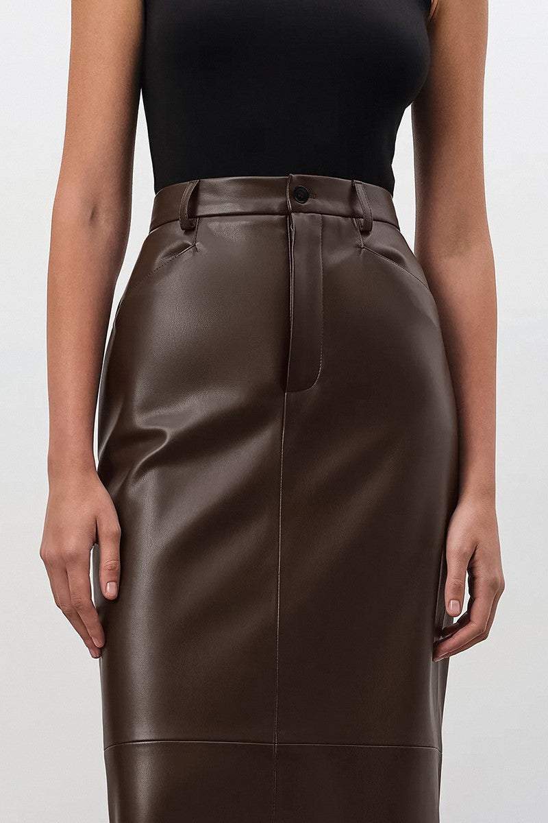 Pu Leather Midi Waist Brown Maxi Skirt