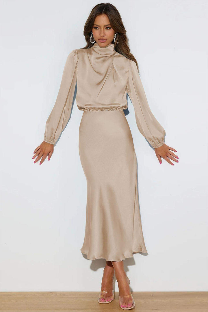 Loose Satin Lantern Sleeve High Neck Midi Dress