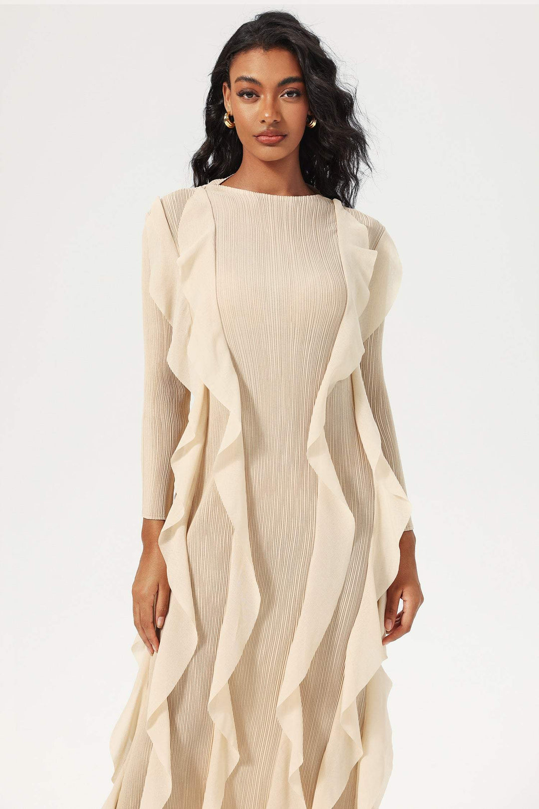 Long Sleeve Crew Collar Ruffle Midi Dress