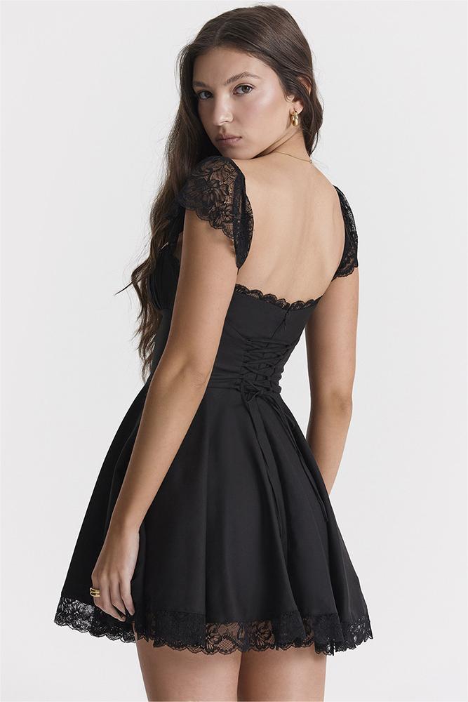 Lace Square Collar Ccorset Pleated Mini Dress Black