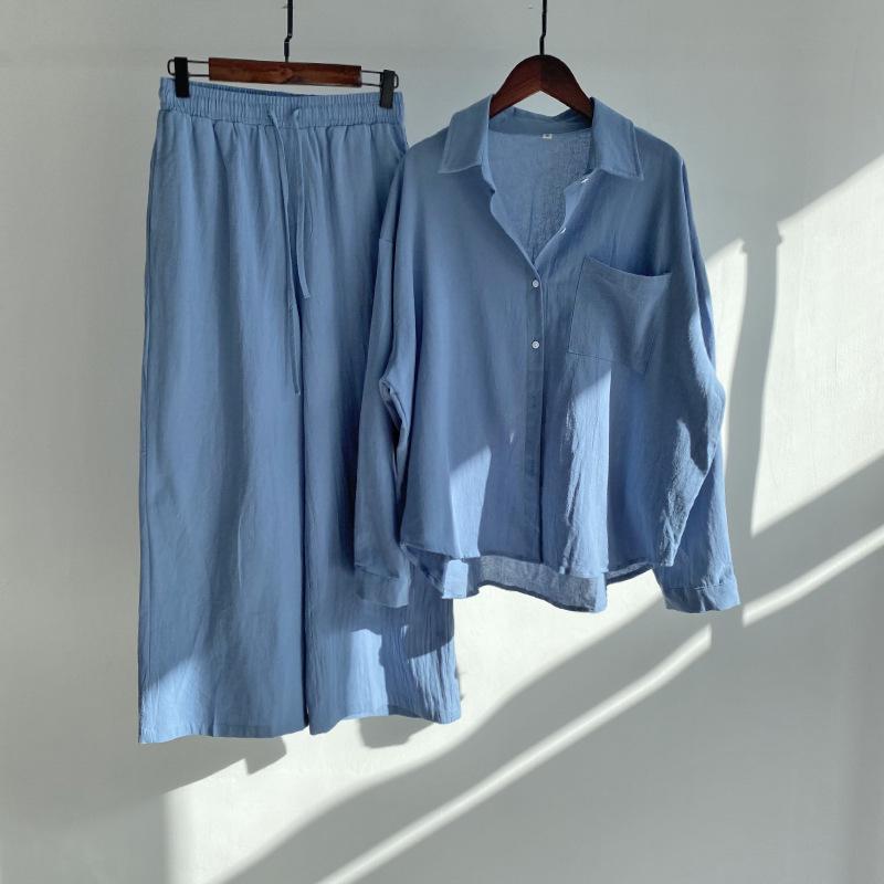 women's cotton linen shirt suit high waist loose trousers