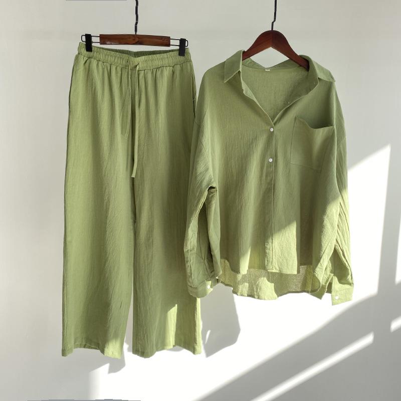 women's cotton linen shirt suit high waist loose trousers