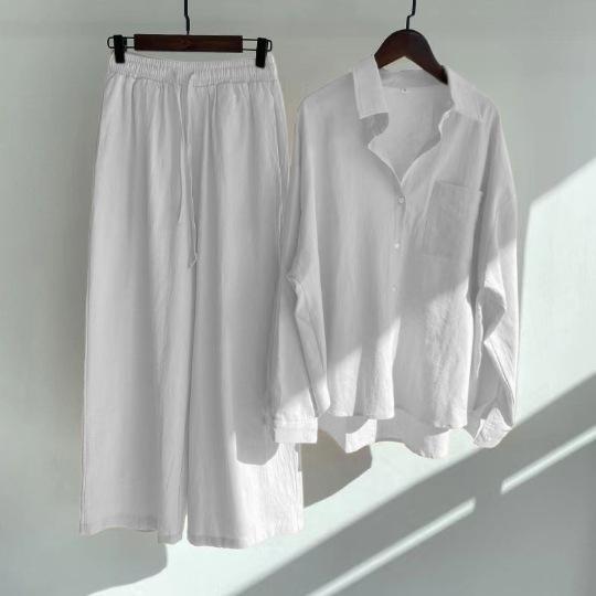 women's cotton linen shirt suit high waist loose trousers