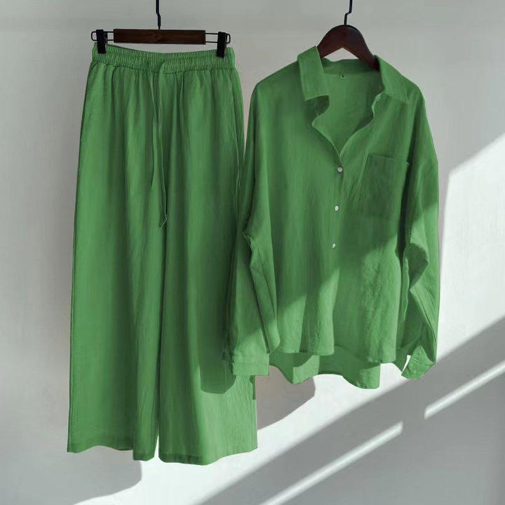 women's cotton linen shirt suit high waist loose trousers