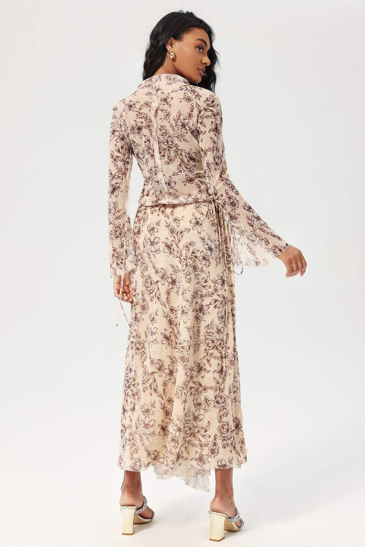 Floral Flared Sleeve Laced Chest Trim Midi Dress