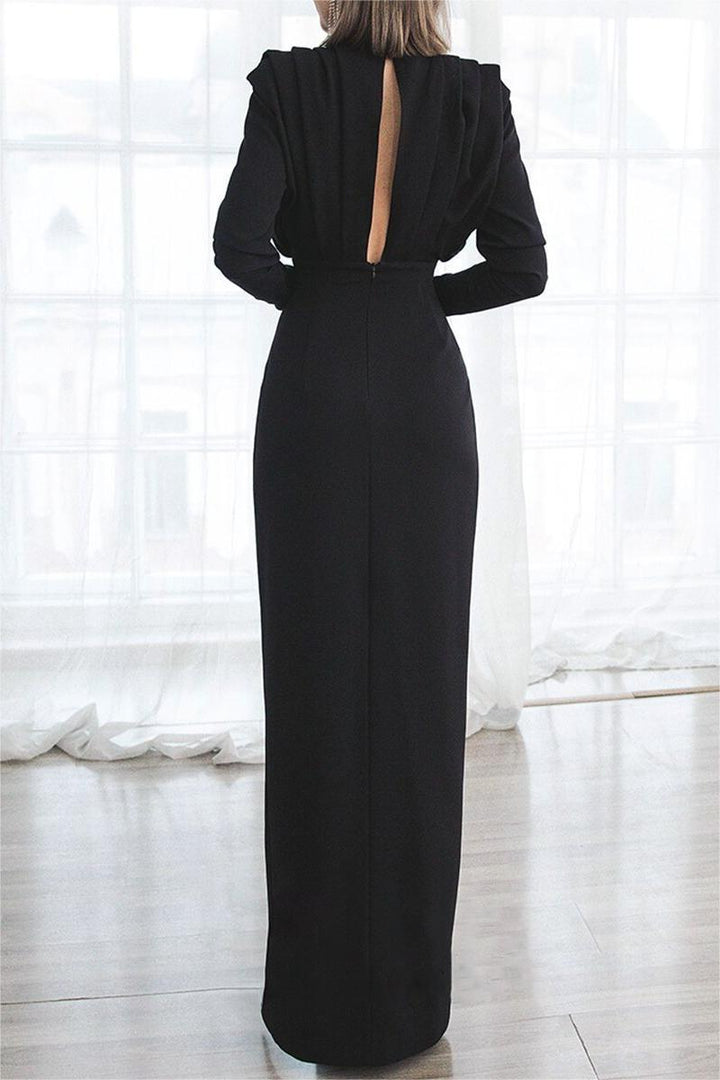 Stand Collar Long Sleeve Pleated Waist Slit Maxi Dress