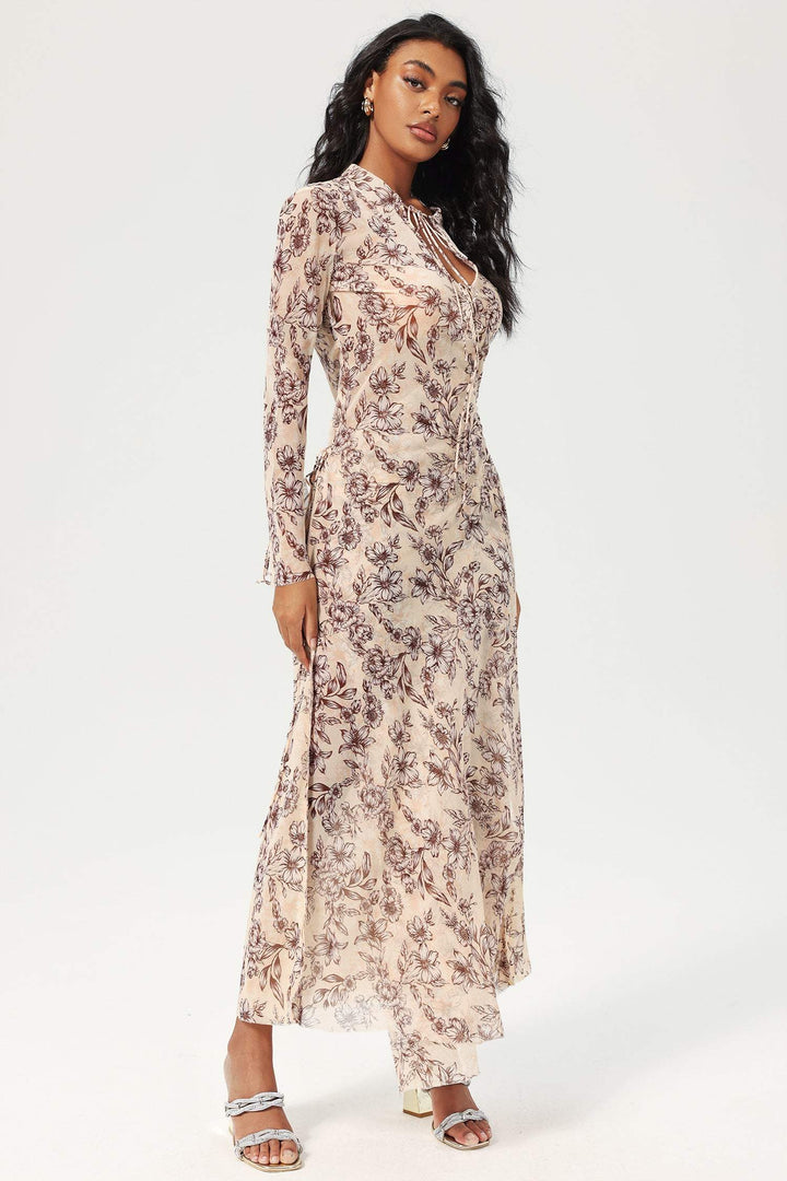 Floral Flared Sleeve Laced Chest Trim Midi Dress