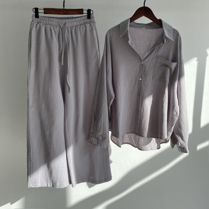 women's cotton linen shirt suit high waist loose trousers