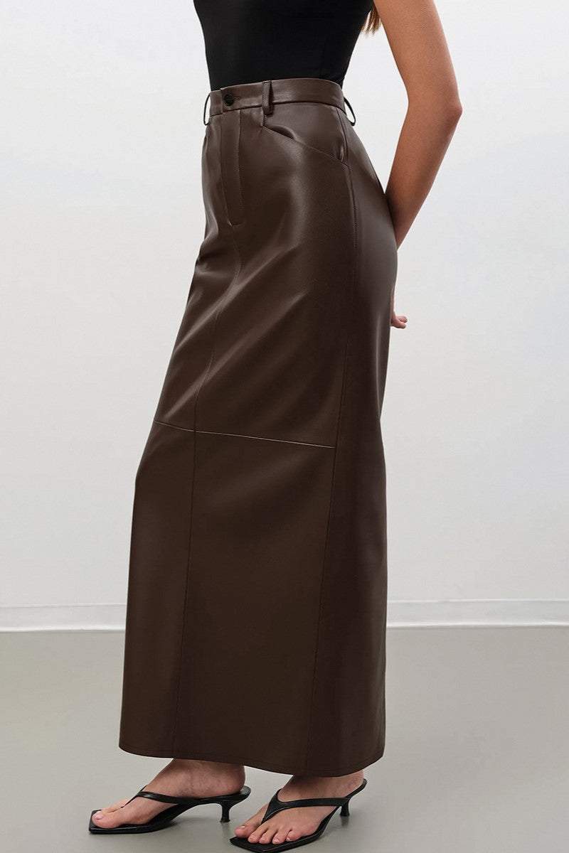 Pu Leather Midi Waist Brown Maxi Skirt