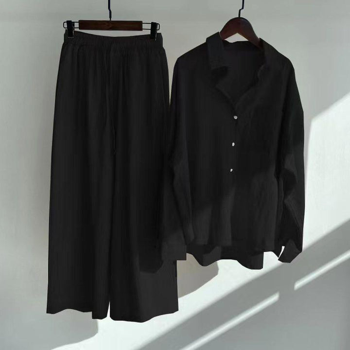 women's cotton linen shirt suit high waist loose trousers