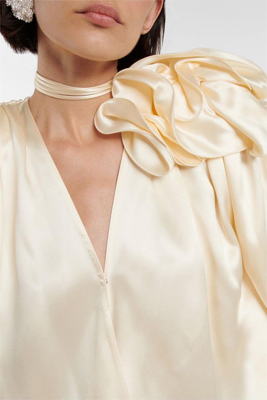 V-Neck Satin Ruffled Blouse