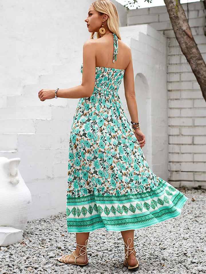 Floral Print Smocked Chest Halter Neck Midi Dress