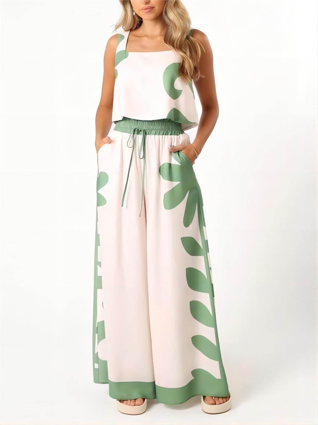 Sleeveless Ethnic Floral Loose Wide Leg Pant Two-Piece Set