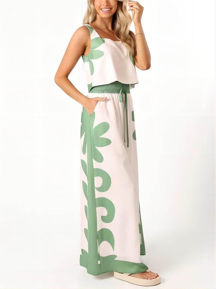 Sleeveless Ethnic Floral Loose Wide Leg Pant Two-Piece Set