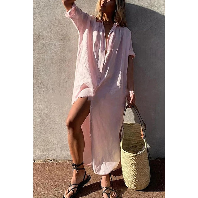 Casual Cotton And Linen Split Shirt Dress