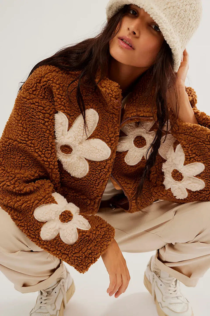 Zipper Lapel Plush Flower Jacket