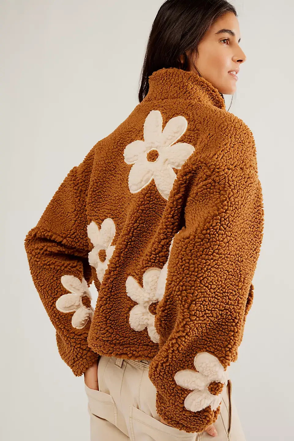 Zipper Lapel Plush Flower Jacket