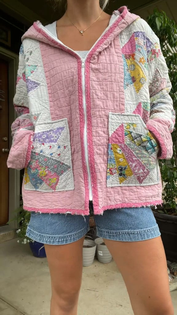 Rosa Strickjacke mit ausgefranstem Reißverschluss 